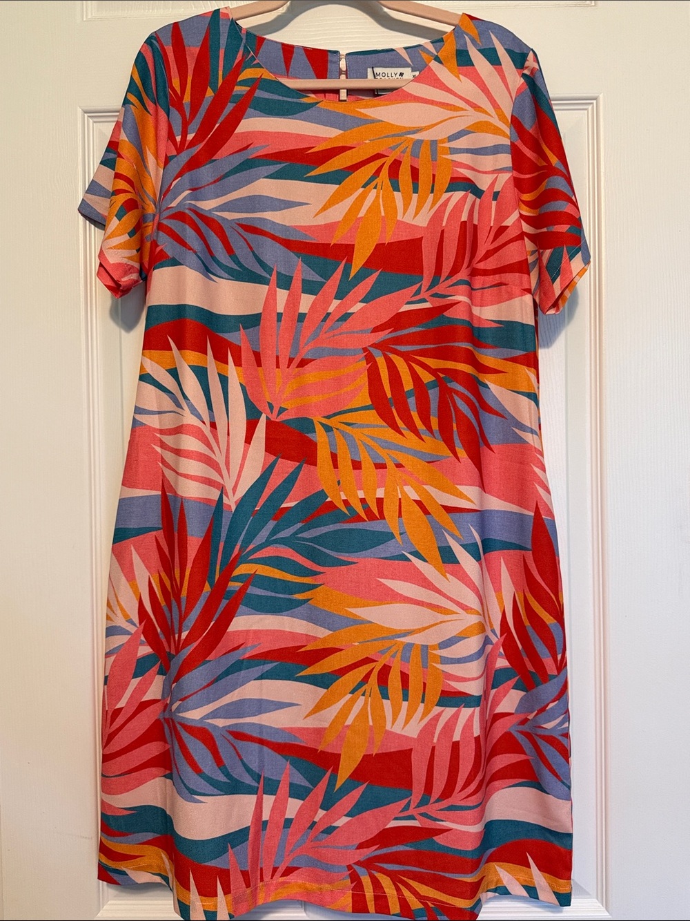 Molly Bracken Multicolor Tropical Leaf Mini Dress — Pink, Red, Yellow, Blue